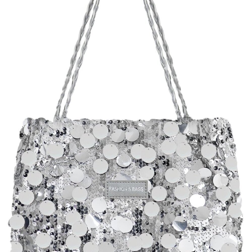 Sparkly Women's Tote Bag Sequin Zipper Leather Handle Large Capacity